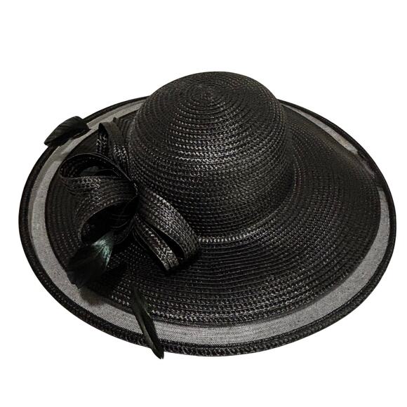Bellisima black synthetic straw sun hat wide illusion brim bow & feathers drama main image 6